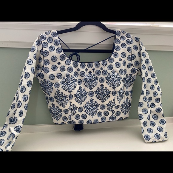 Navy Blue and White Silk Lengha - Picture 5 of 6